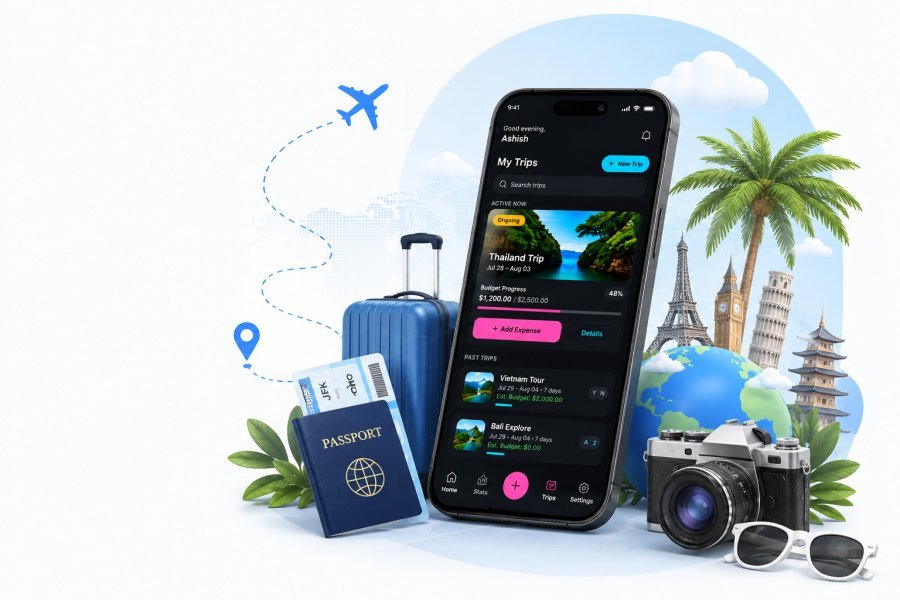 The TravelGo app open on a phone showing a Thailand trip budget, beside a suitcase, passport, boarding pass, camera and world landmarks