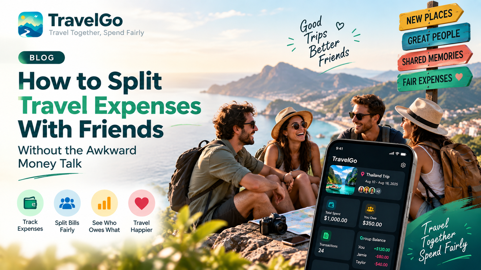 Friends reviewing shared travel expenses together on a phone
