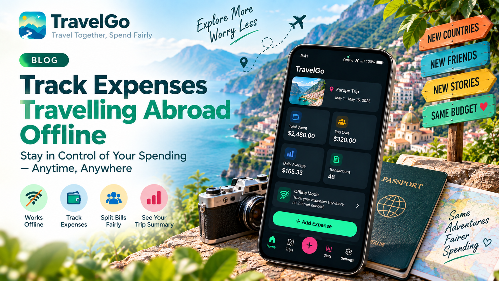 A traveller logging an expense on a phone with no signal in a remote location