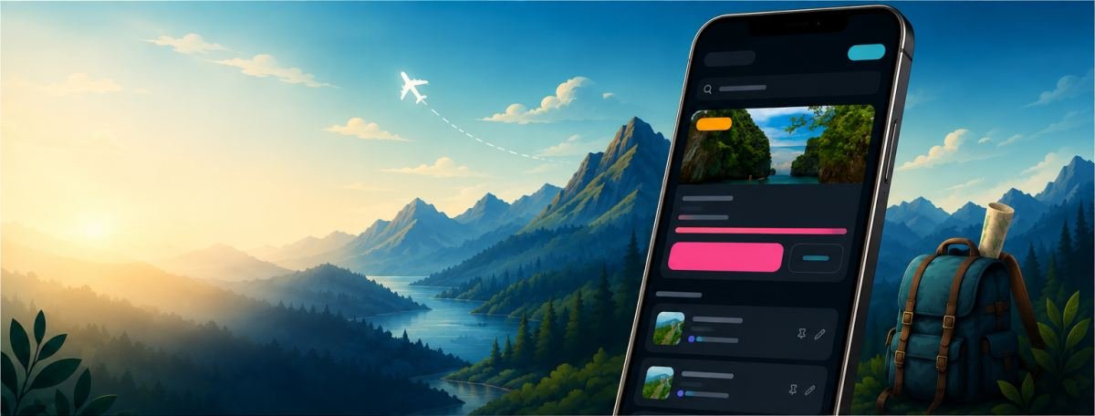 Sunrise over a mountain valley with a river, a hiking backpack and the TravelGo app open on a phone